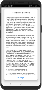 A screen capture of the Terms of Service message with the Accept option