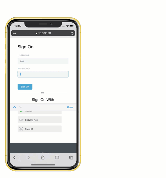 An animation showing the process of authenticating through PingID using Face ID on an iPhone device.