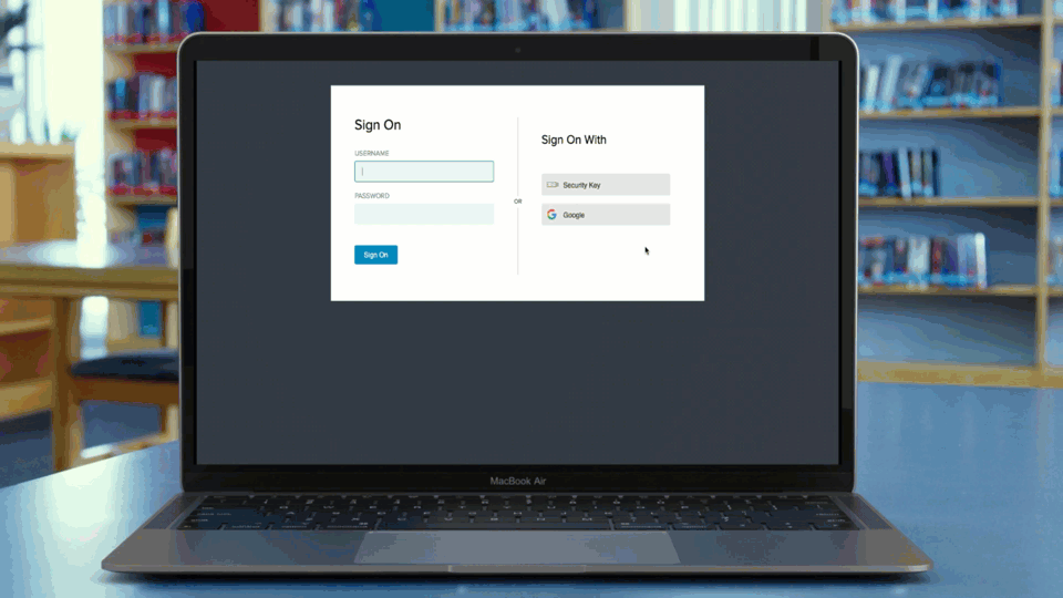 Animation showing how to authenticate with your security key when your organization does not require you to enter a username and password.