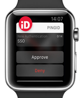 Apple Watch showing thePingID mobile app Approve and Deny buttons.