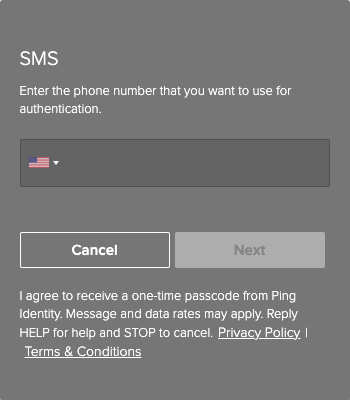 A screen capture of the SMS window, displaying the international country code and phone number fields.