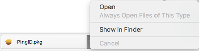 A screen capture of the PingID.pkg file download with the Open or Show in Finder option.