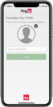 An image of an iPhone with the Complete Your Profile screen where you can add a profile picture and Choose a Nickname options.