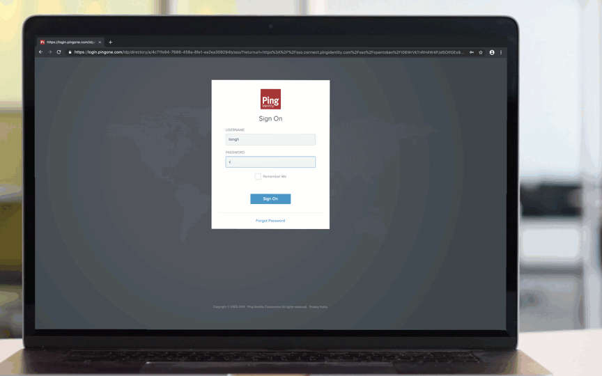 An animation showing the PingID sign on process when entering a username and password and then using biometrics authentication with Mac Touch ID.