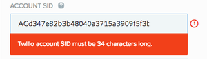 A screen capture of the Account SID with the error message 