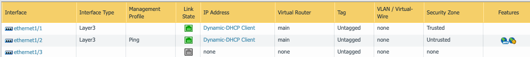 A screen capture of the Interface list. The Interface list also includes categories for Interface Type, Management Profile, Link State, IP Address, Virtual Router, Tag, VLAN/Virtual-Wire, Security Zone, and Features.