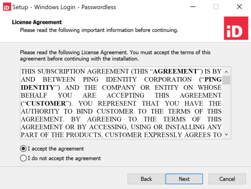 Win Login Passwordless - UI-based installation - license agreement