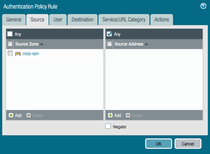 A screen capture of the Source tab. There are two source lists shown: Source Zone and Source Address. Each list has a check box option for Any. It is selected for the Source Address list. The Source Zone list shows the option corp-vpn. Each list also has an Add plus sign button. The bottom of the tab has a check box for Negate. The bottom of the window has the OK and Cancel buttons.