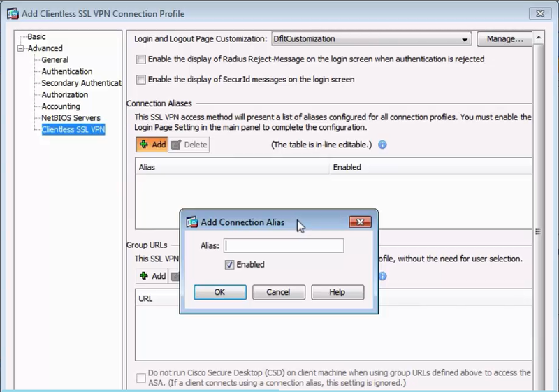 A screen capture of the Add Connection Alias dialog box in the Cisco ASDM client.