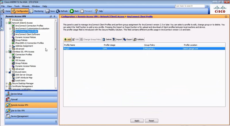 A screen capture of the AnyConnect Client Profile pane in the Cisco ASDM client.