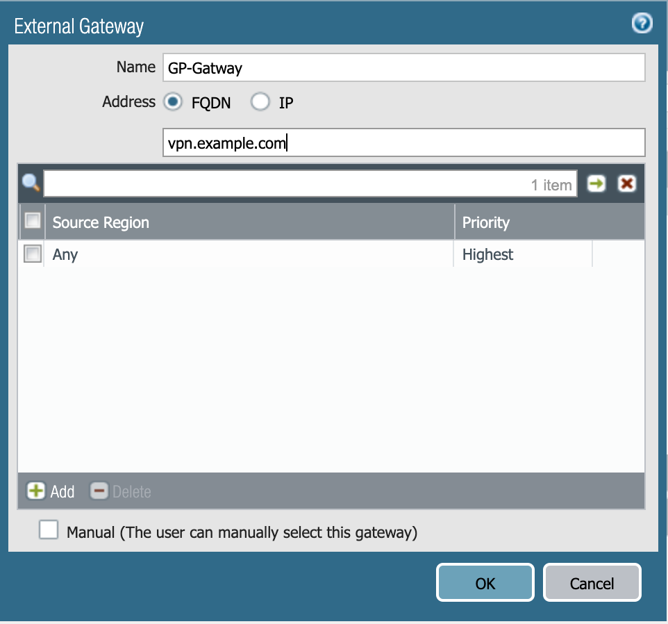 A screen capture of the External Gateway window. The Name field at the top of the window says GP-Gateway. After that field is an Address option with radio buttons for FQDN or IP. In this screen capture, FQDN is selected, and in the field that follows, a URL has been entered. After that field is a list of gateway options with an Add plus sign button and a Delete minus sign button. After the list is a check box for Manual gateway selection. The bottom of the window has the OK and Cancel buttons.