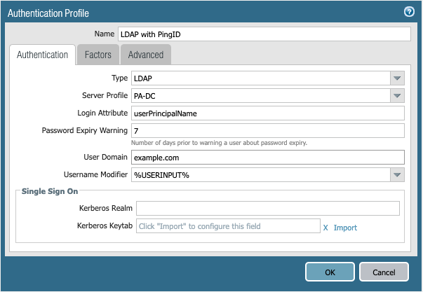 An screen capture of the Authentication Profile window, on the Authentication tab. In this screen capture, the Name field is populated with the name LDAP with PingID. The Type list shows LDAP as selected