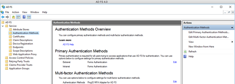 Screen capture of the Windows AD FS 4.0 Management window. The Authentication Methods Overview is currently displayed