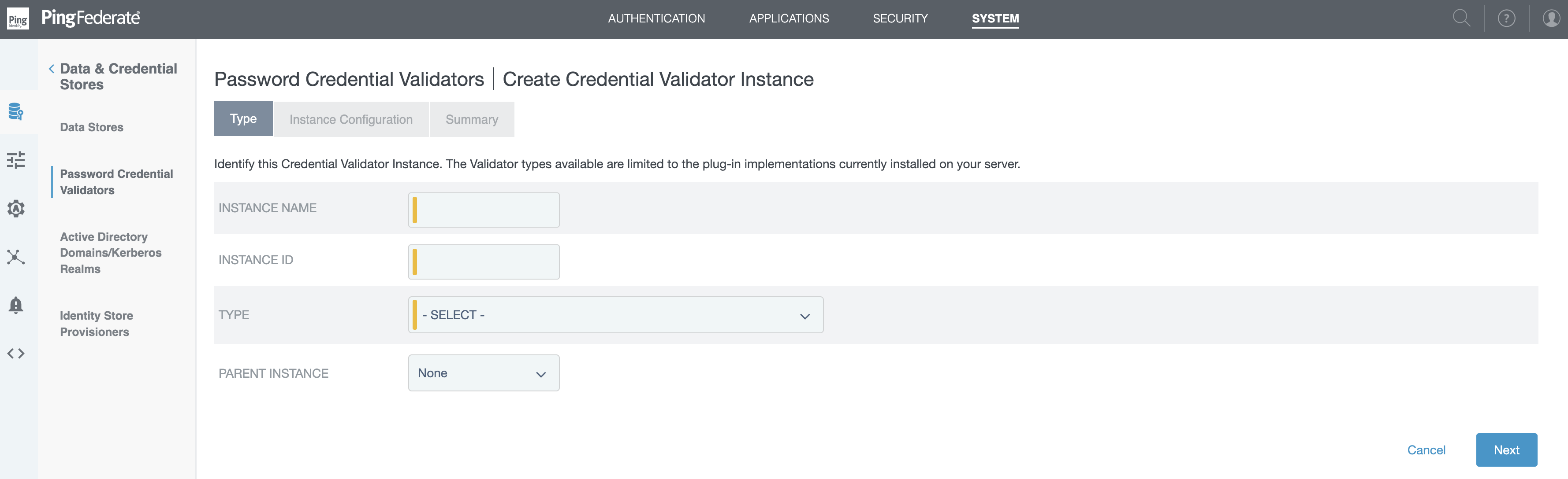 Create Credential Validator Instance window