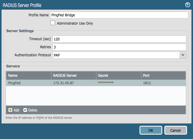 A screen capture of the RADIUS Server Profile window. The window shows a field for Profile Name at the top of the window with a check box for the Administrator Use Only option. In the Server Settings section after the Profile Name field, there are fields for Timeout (sect), Retries, and Authentication Protocol, which has a drop-down list. In the Servers section after the Server Settings section is a list of available servers with categories for each server including Name, RADIUS Server, Secret, and Port. At the bottom of this list are buttons for Add and Delete. The bottom of the window has buttons for OK and Cancel.