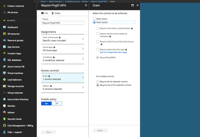 Screen capture of the conditional access policy window in Azure AD