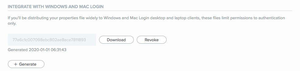 Client Integration tab, Integrate with Windows and Mac login section, showing the options to download, revoke, or generate a PingID properties file with reduced permissions for use with Windows and Mac login.