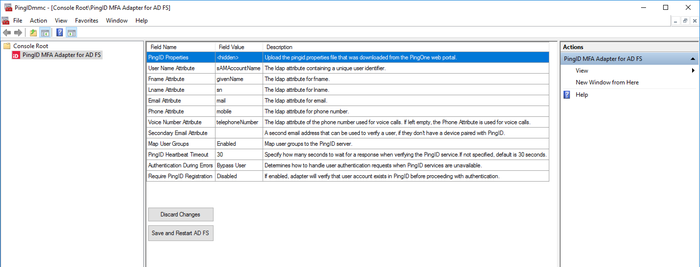 Screen capture showing the advanced parameter options for PingID MFA Adapter for AD FS