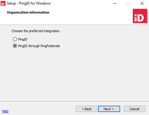 A screen capture of the Setup - PingID for Windows window with the preferred integration chosen as PingID through PingID.