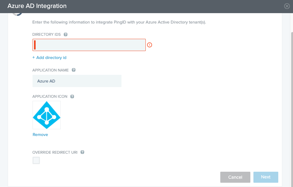 Screen capture of the Azure AD Integration window, currently showing the Connect to Active Directory section with the fields for Directory IDS, Application Name, and Application Icon. There is a hyperlink option to Add directory id under the filed for Directory IDS.