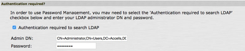 A screen capture of the Authentication Required? section in the Juniper UI. The Authentication required to search LDAP check box is selected. The Admin DN field shows the example DN: CN=Administrator, CN=Users, DC=Accells, DC=Lab. The Password field shows an obfuscated password example.