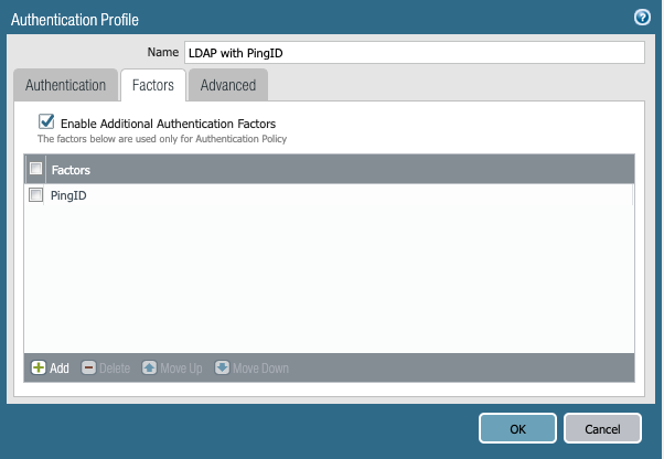 An image capture of the Authentication Profile window, on the Factors tab. The Enable Additional Authentication Factors check box is selected. There is a list of available factors after the check box to use only for Authentication Policy. At the bottom of the list is the Add plus sign button.