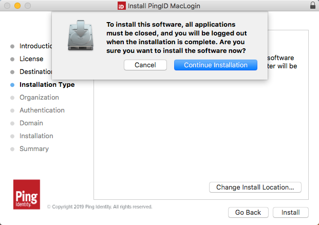 A screen capture of the Mac login installation - installation confirmation message.