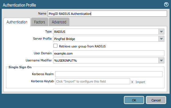 A screen capture of the Authentication tab in the Authentication Profile window. At the top of the window is the Name field for the entire profile. The Authentication tab includes the fields for Type; Server Profile, which has a check box under it for the option to Retrieve user group from RADIUS; User Domain; and Username Modifier.. In the Single Sign On section that follows the Username Modifier field are fields for Kerberos Realm and Kerberos Keytab. To the right of the Kerberos Keytab field is a hyperlink option to Import. The bottom of the window shows the OK and Cancel buttons.