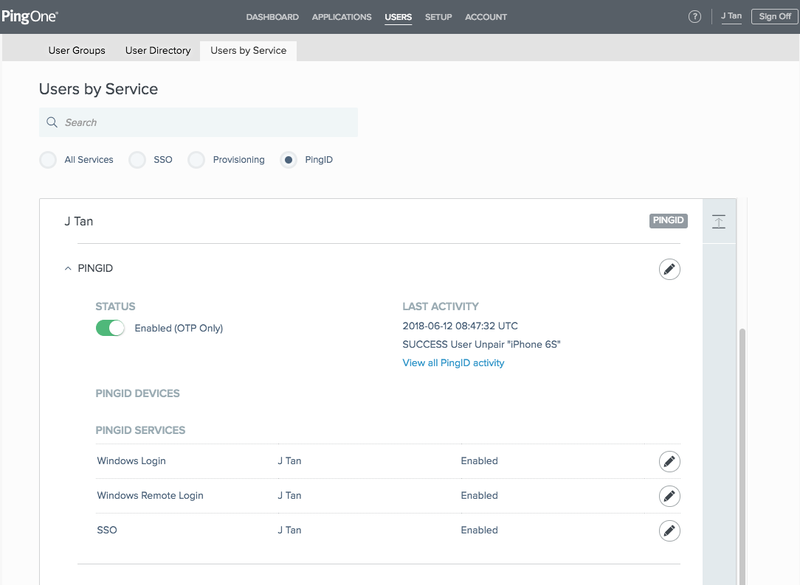 A screen capture of the Users by Service window configuration with a user’s name and PingID service expanded.