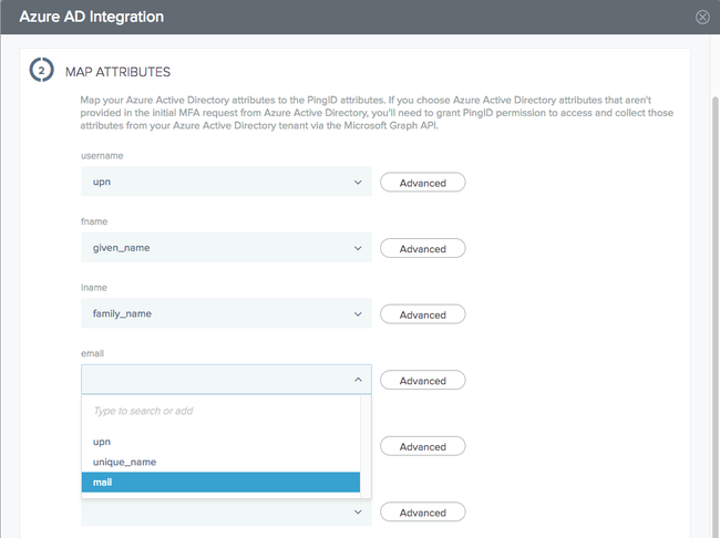 Screen capture of the Map Attributes section in the Azure AD Integration window. Each field is a drop-down list. The default values are shown for each field. To the right of each field is an Advanced button.