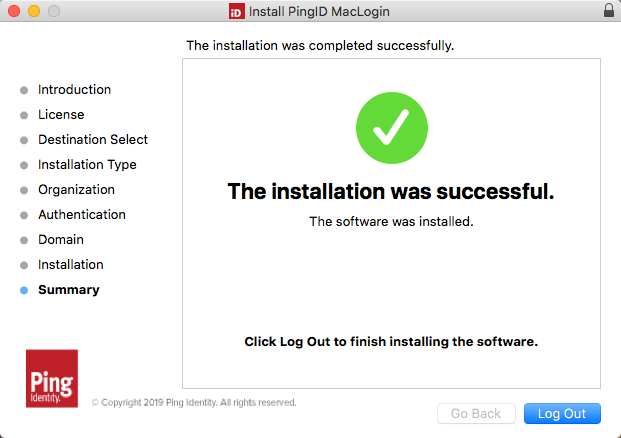 A screen capture of the Mac login installation - installation success message.