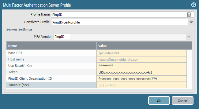 A screen capture of the Multi Factor Authentication Server Profile window with all fields populated.