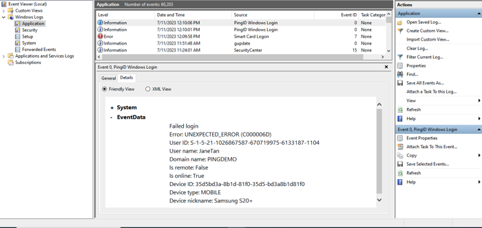 Windows Event Viewer showing Windows login passwordless events, and the path required to view them (click the Windows Logs folder, and then the Application folder)