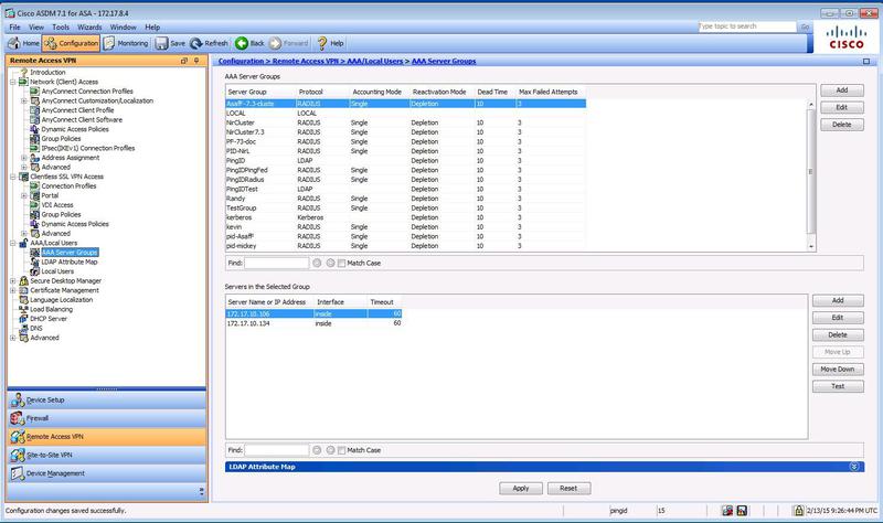 A screen capture of the Configuration tab in the Cisco ASDM client.