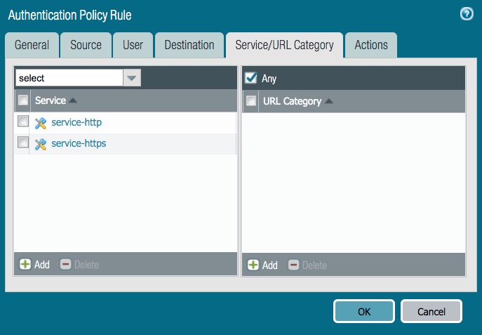 A screen capture of the Service/URL Category tab.There are two lists shown: Service and URL Category. The Service list has a drop-down selection list above it and the URL Category list has a check box option for Any, which is selected in this screen capture. The Service list shows the options service-http and service-https. Each list also has an Add plus sign button. The bottom of the window has the OK and Cancel buttons.
