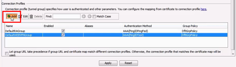 A screen capture of the Connection Profiles section in the Cisco ASDM client. The Add button is circled.