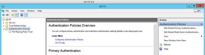 Screen capture of the AD FS window in AD FS 3.0. The Authenticatio Polices Overview page is displayed. In the right-hand navigation menu is the Edit Global Primary Authentication and Edit Global Multi-factor Authentication options.