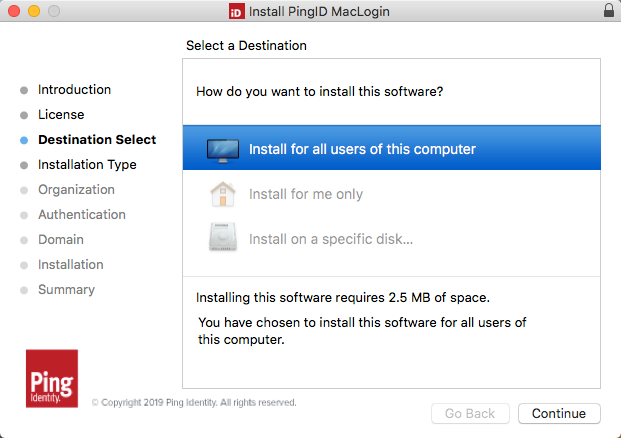 A screen capture of the Mac login installation - select destination.