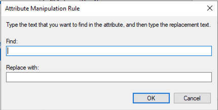 Attribute Mainpulation Rule window showing the Find and Replace fields.