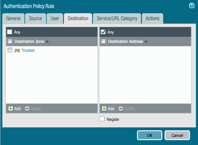 A screen capture of the Destination tab.There are two destination lists shown: Destination Zone and Destination Address. Each list has a check box option for Any. It is selected for the Destination Address list. The Destination Zone list shows the option trusted. Each list also has an Add plus sign button. The bottom of the tab has a check box for Negate. The bottom of the window has the OK and Cancel buttons.