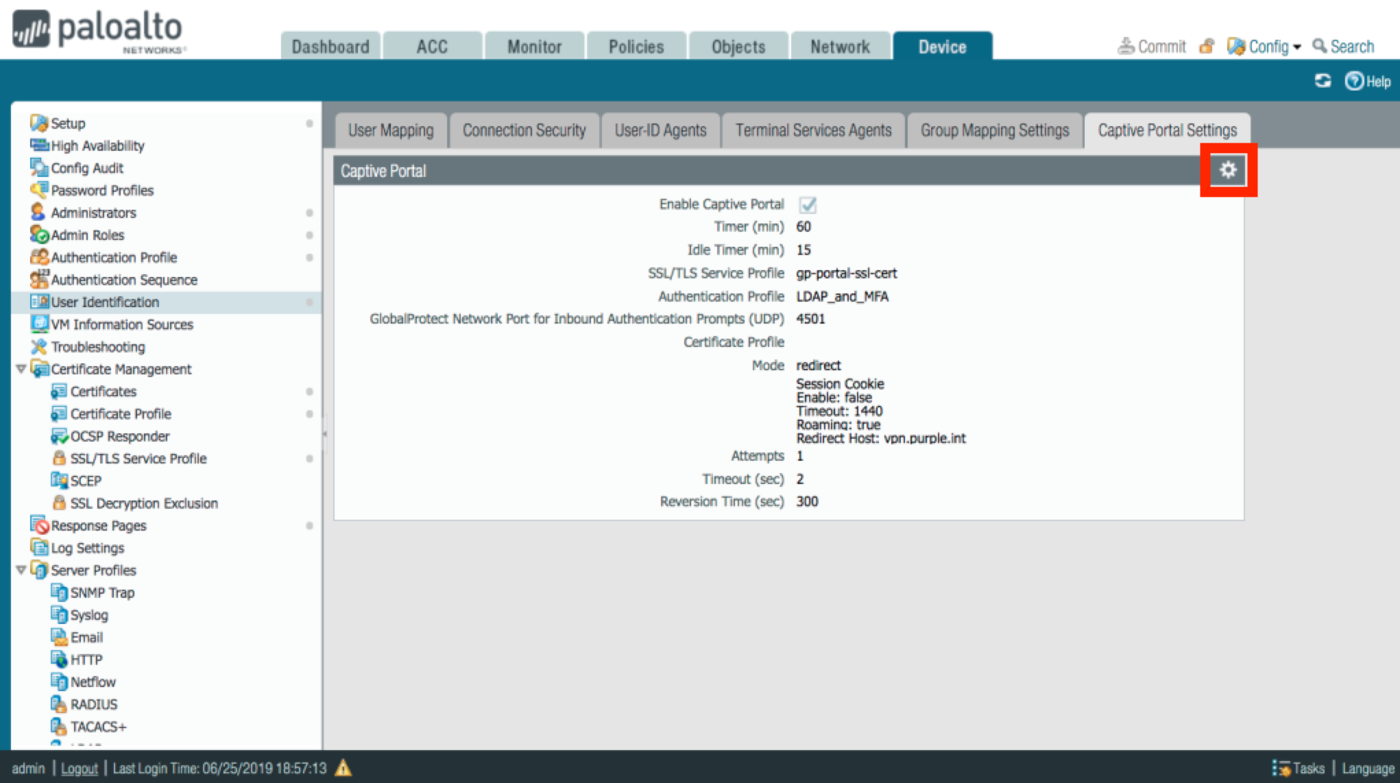 A screen capture of the Captive Portal Settings tab, highlighting the gear icon directly beneath the position of the Captive Portal Settings tab.