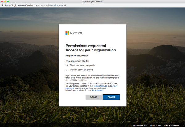 Screen capture of the permissions request window in Azure