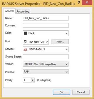 A screen capture of the General tab in the RADIUS Server Properties window.