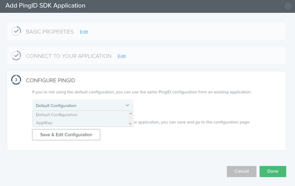 Screen capture illustrating the Configure PingID section of the Add PingID SDK Application window.