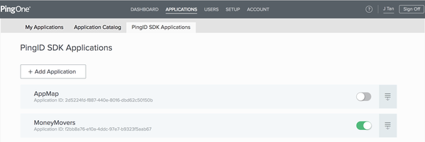 Screen capture illustrating the PingID SDK Applications tab.