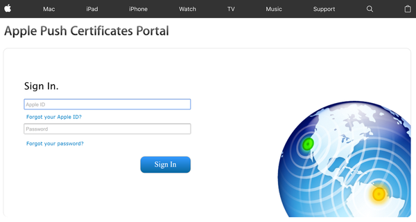 A screen capture of the Apple Push Certificates Portal window