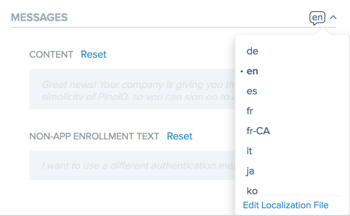 A screen capture of language selector list and options.