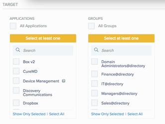 A screen capture of the Target section displaying the Applications and Groups sections and listing.