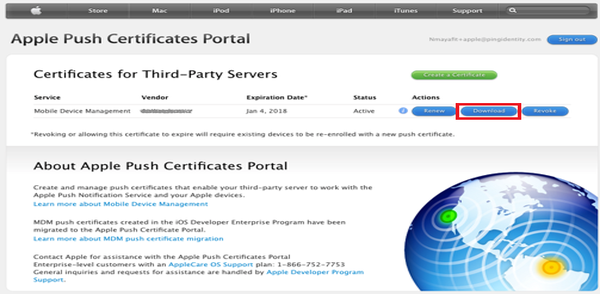 A screen capture of the Certificates for Third-Party Servers list. The Download button is highlighted.