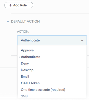 A screen capture of the Default Action section displaying the Action list.